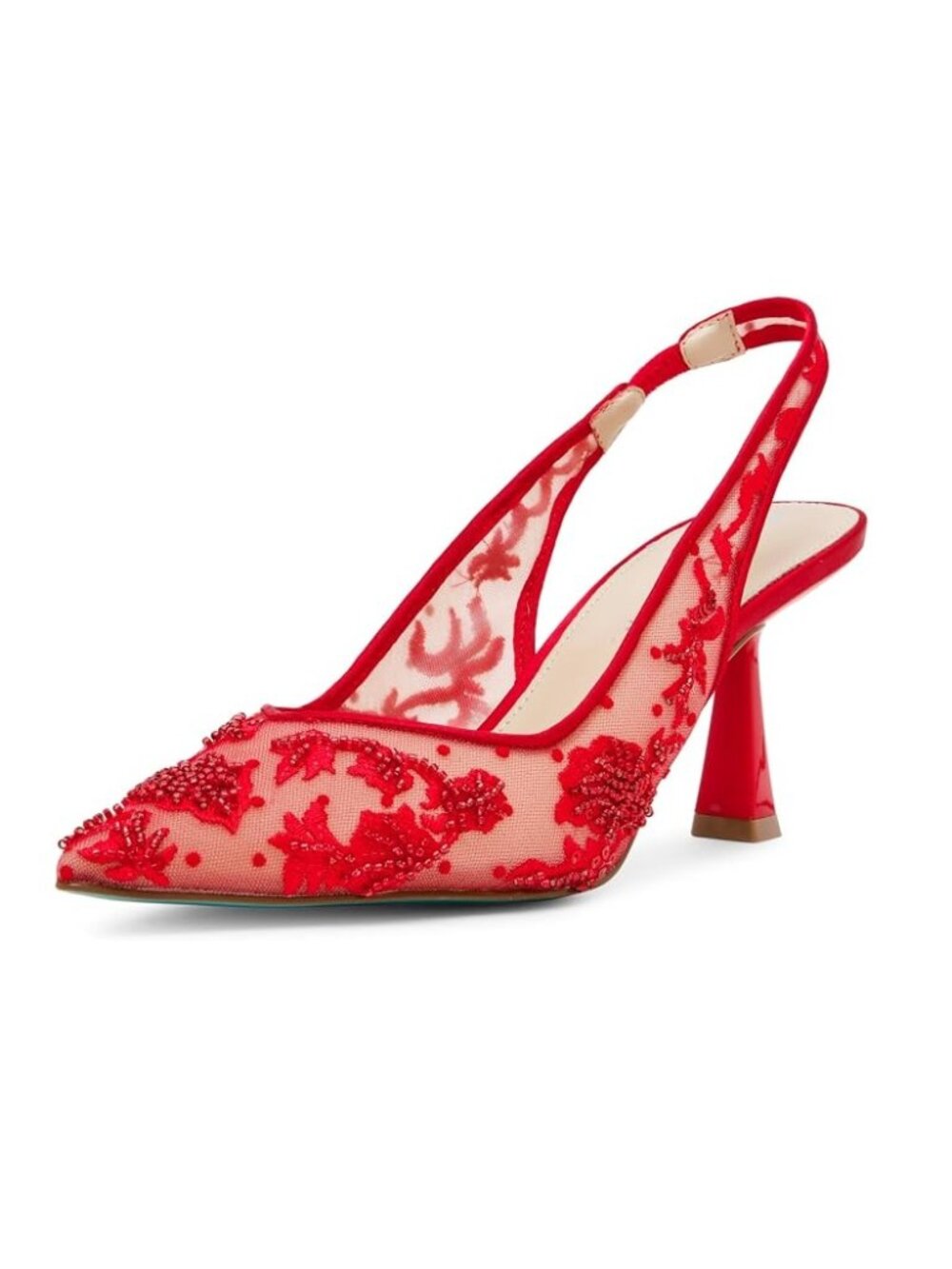 BETSEY JOHNSON Nikki Red Mesh Embroidered Beaded Floral Slingback Pump | Size 7
